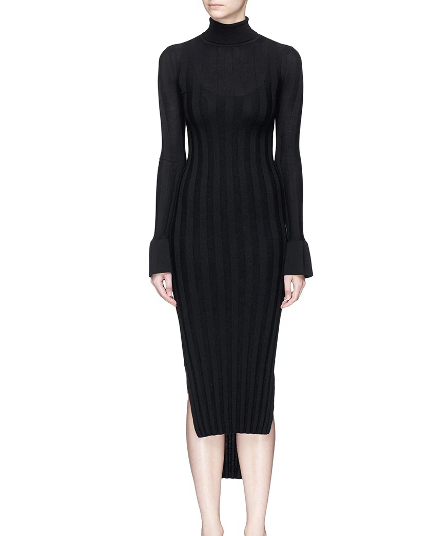 

2018 NEW SPRING AND SUMMER HIGH COLLAR WOOL RIB HIGH ELASTIC KNITTED OPEN DRESS