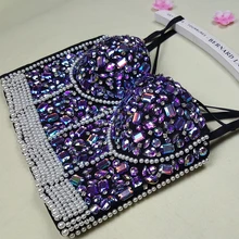 Голографическая фестивальным восторженные одежда укороченный топ наряды одежда Для женщин Стразы вышитые бюстгальтер-топ со стразами; Украшенные стразами жемчуг бюстье