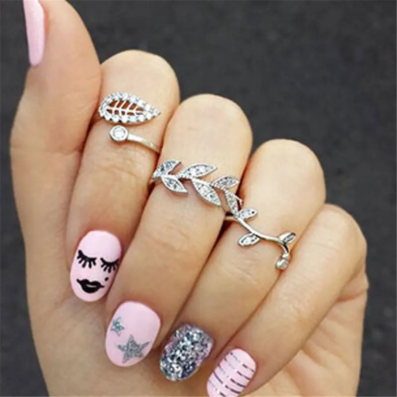 Fashion midi ring set 2017 New 3 Pcs/set Gold Silver Color Sweet Rhinestone Leaf Knuckle Top of Finger Rings for women | Украшения и
