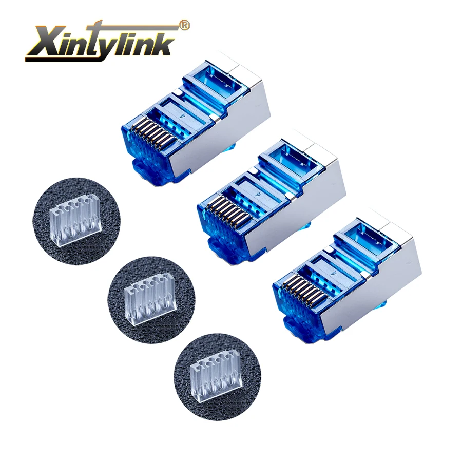 xintylink 50pc blue rj45 connector 8P8C cat6 metal shielded terminals network connector split type rj45 plug stp modular