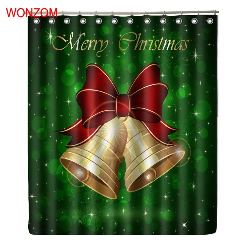 

WONZOM Jingle Bells Shower Curtains Bathroom With 12 Hooks Waterproof Accessories For Decor Modern Christmas Bath Curtain Gift