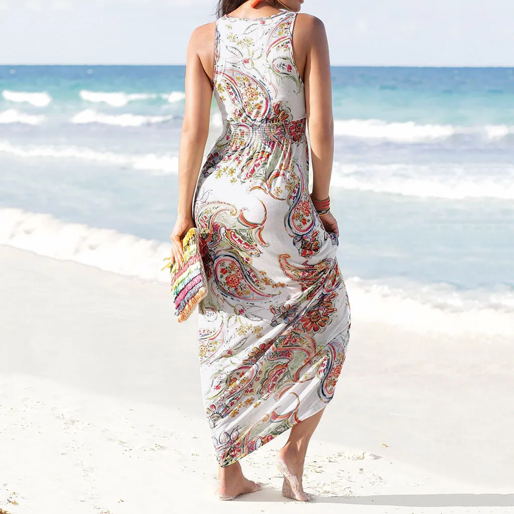 CHAMSGEND2019 женское летнее пляжное платье на бретельках с v-образным вырезом и принтом, Пляжное Платье для пляжа, повседневное тонкое элегантное платье