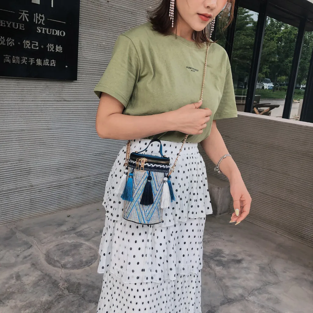 Newest Korean Tassel Chic Chain Wild Straw Bucket Bag Shoulder Bags Fashion Messenger Crossbody Handbags For Women 3 Colors#H25