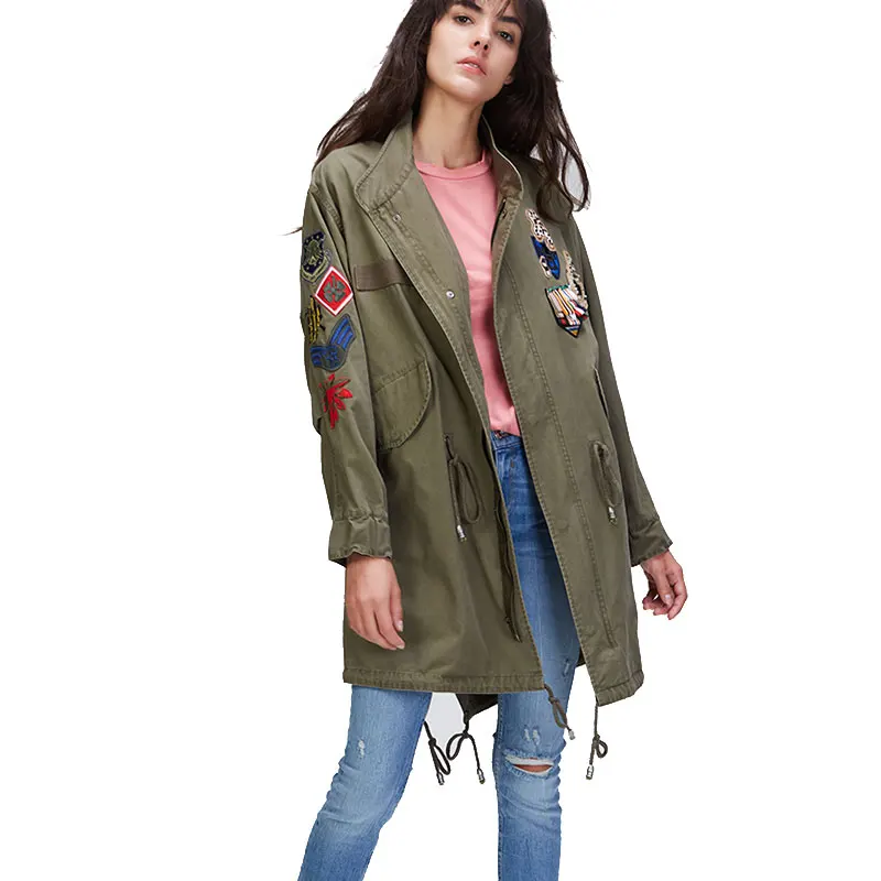 

2017 Autumn Fashion Women's Embroidery Rivet Casual Long Jacket Army Green Appliques Outerwear Vintage Washed Loose Coats Brand