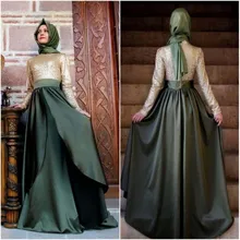 High Neck Sequined Muslim Evening Dresses Long 2016 A-Line Satin Dubai Turkish Formal Evening Gowns With Hijab Robe De Soiree