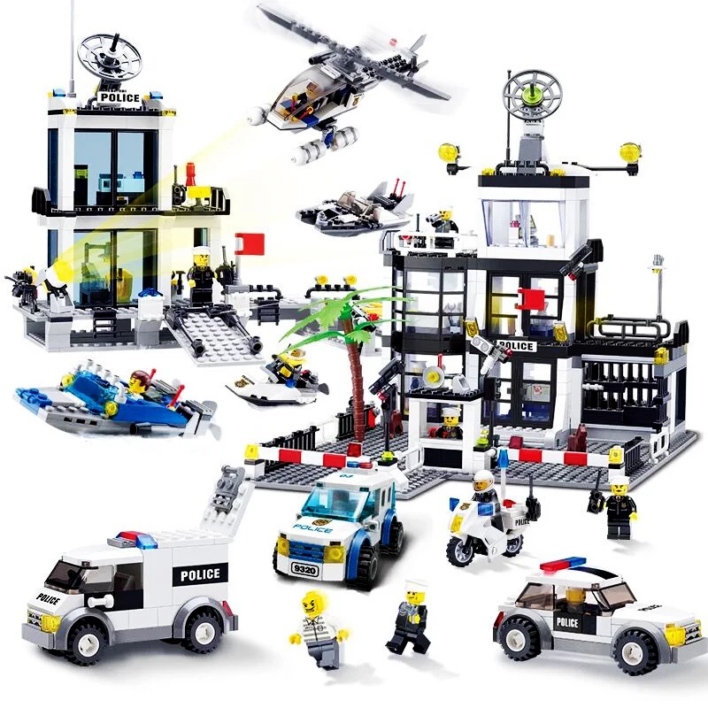 

Kaizhi City Police Station Compatible Legoing Swat Police Helicopter Cars Truck Motorcycle Boat Figures Building Blocks Toys