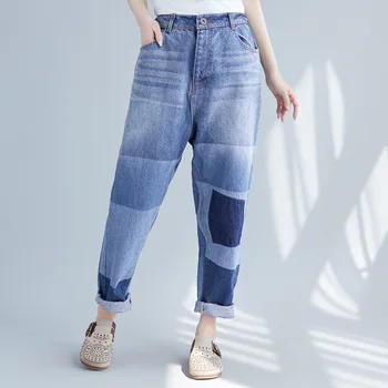 

Boyfriend Jeans Women Loose Denim Harem Pants Casual Vintage Elastic Waist Denim Trousers Bleached full length jeans YT429-1