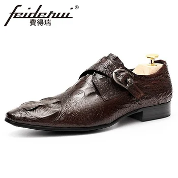 

Italian Style Genuine Leather Men's Formal Dress Footwear Alligator Pattern Pointed Toe Belt Man Monk Strap Office Shoes FHS153