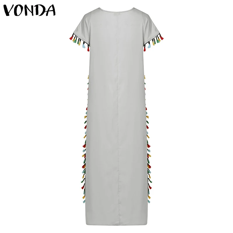 VONDA богемное женское платье с цветочным принтом летнее сексуальное платье с v-образным вырезом и коротким рукавом, вечерние платья с кисточками, длинное винтажное платье размера плюс