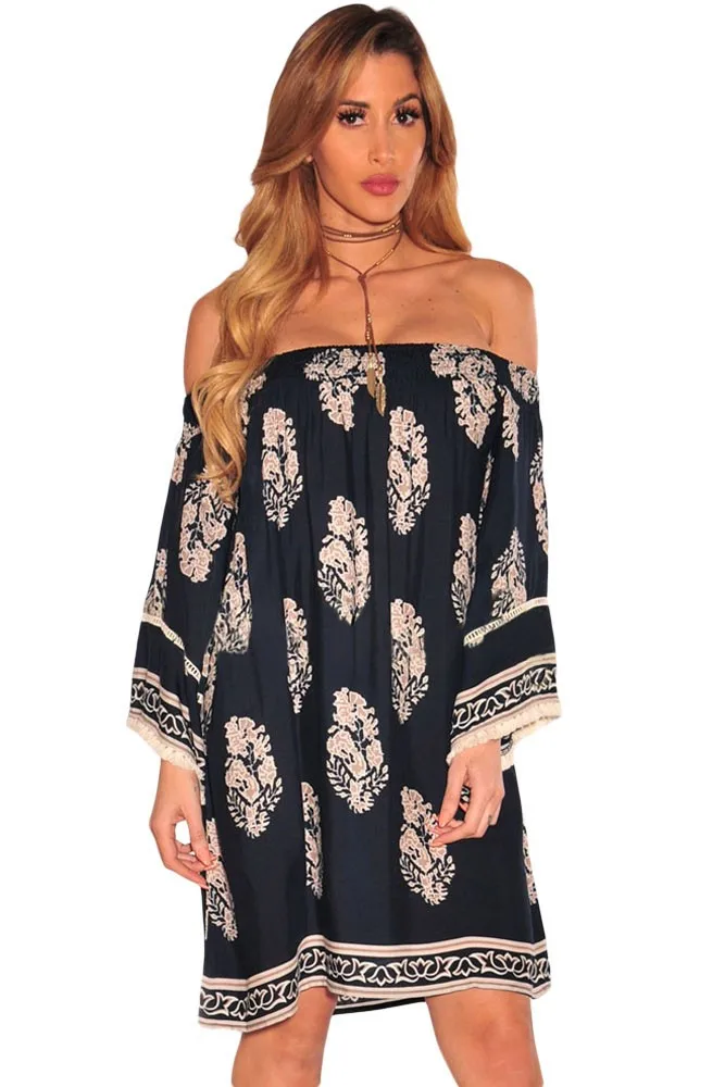 KHQWKR 2017 New Summer Style Navy Blue Boho Print Off Shoulder Dress