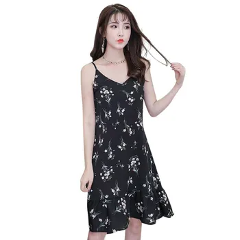 

Women Sexy V neck Spaghetti Strap Dresses Bohemian Ruffle Flare Chiffon Dresses Vestidos