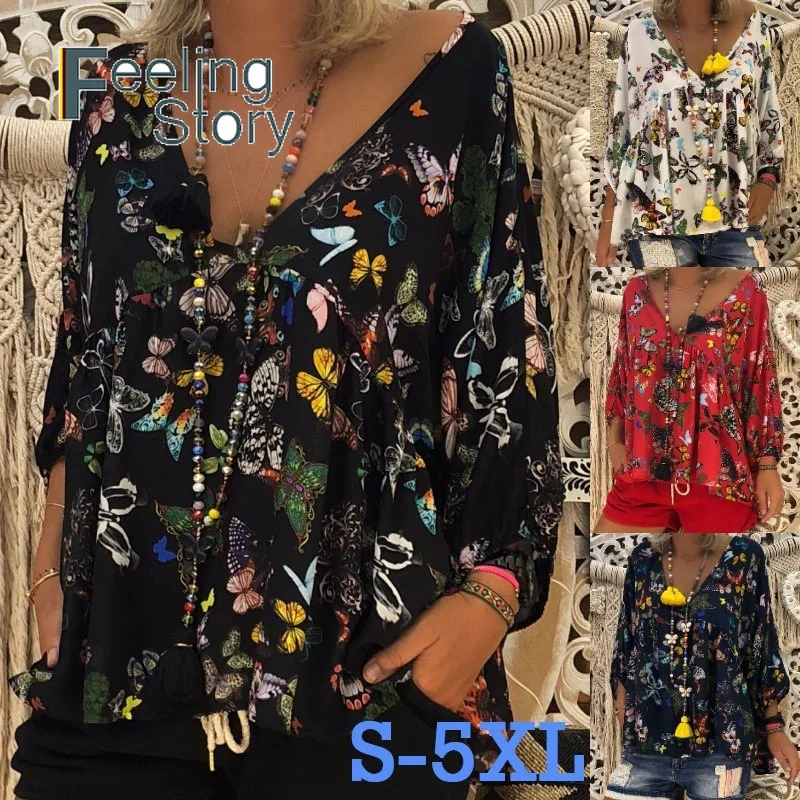 

5X Plus Size Boho Womens Tops and Blouses 2019 Butterfly Top Print Long Sleeve Shirt Streetwear Ladies Tunic Women Blusas Mujer