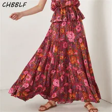 CHBBLF для женщин boho печати длиной макси юбка drawstring галстук женский с эластичной талией красный юбка длиной до лодыжки DFJ8262