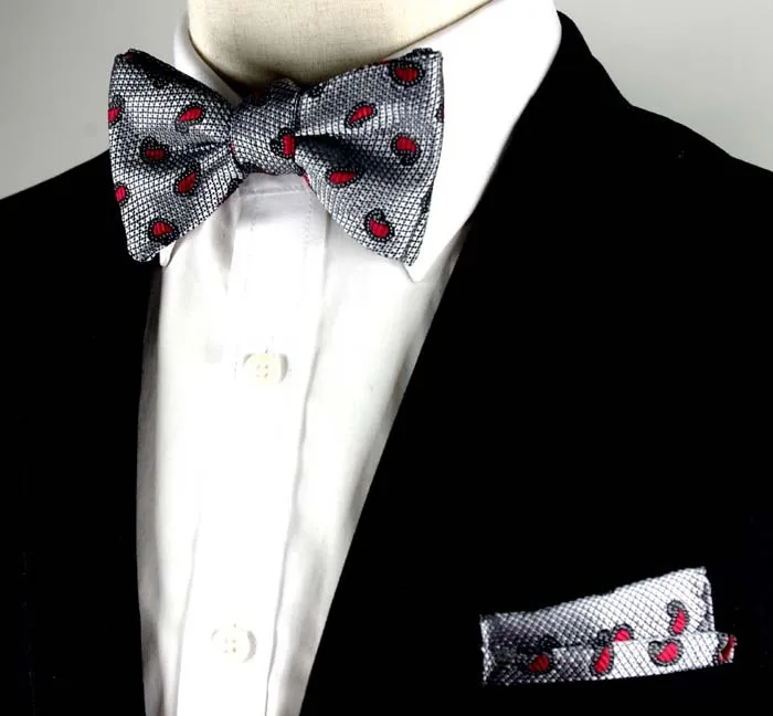 1 шт./лот) шелк Серебряный Пейсли мужской галстук-бабочка и карманный квадратный платок корбата набор