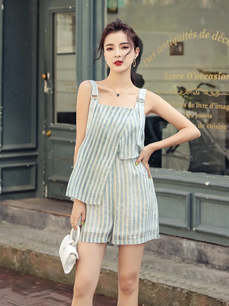 Colorfaith Summer Women Jumpsuits Rompers Slash Neck Strap Sleeveless Striped Shorts Beach Holiday Loose Pants JS9136