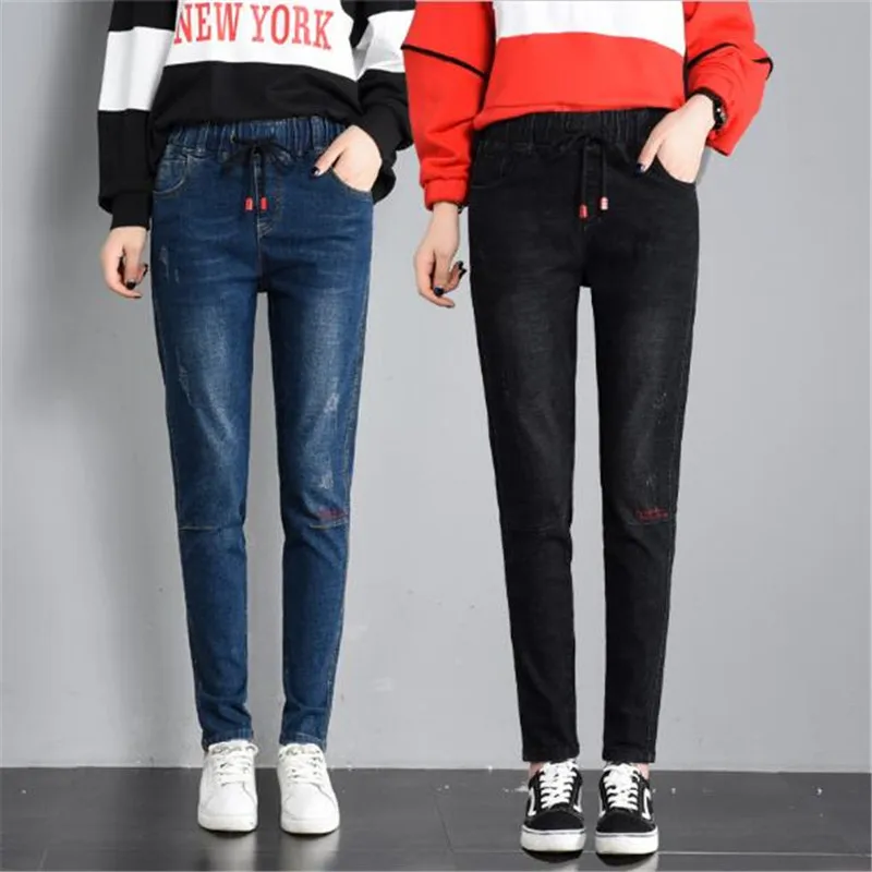 WKOUD Drawstring High Waist Jeans For Women New Spring Solid Hole Scratched Denim Pencil Pants Casual Regular Jean P8839 | Женская