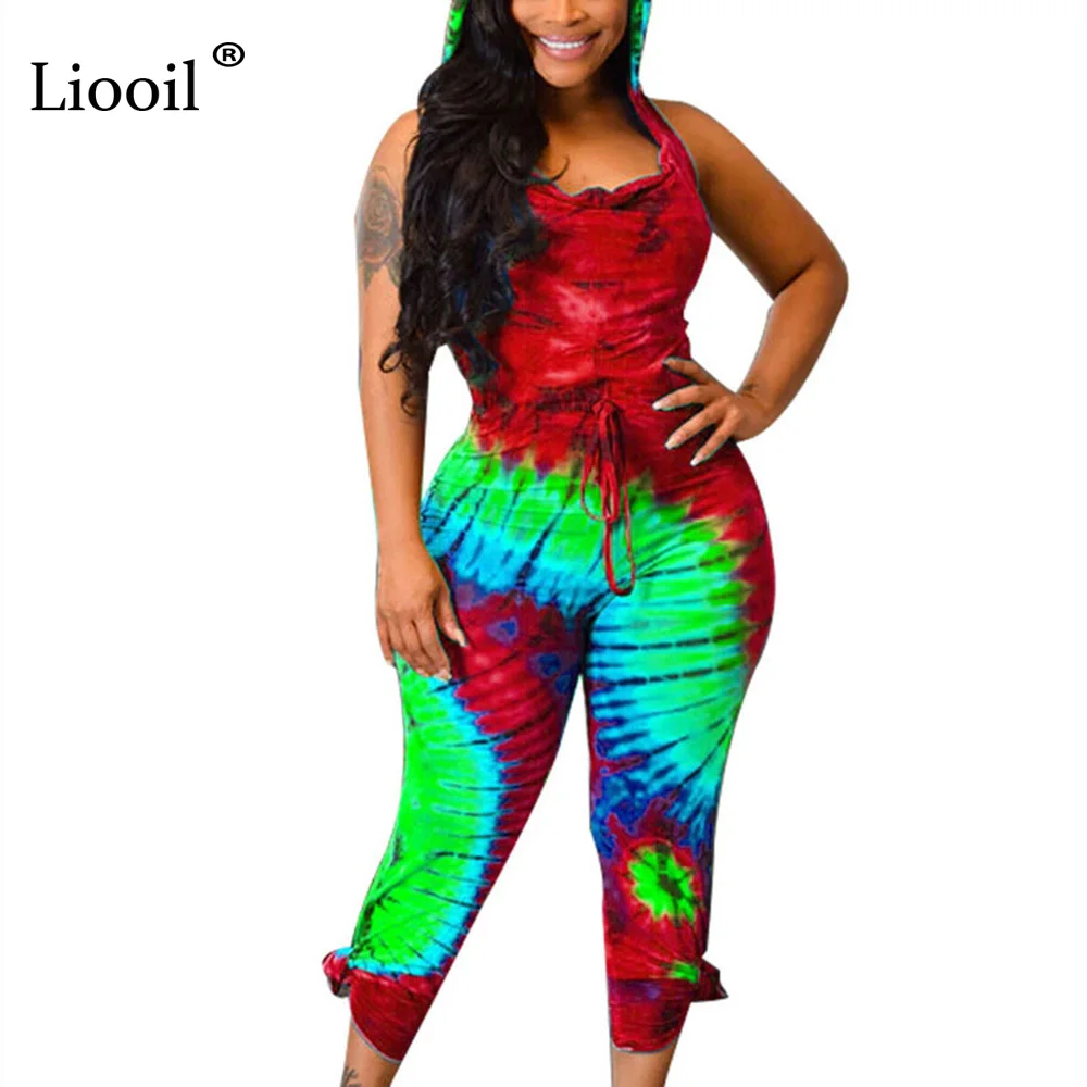 Liooil Tie Dye комбинезон с капюшоном с открытой спиной сексуальный комбинезон Колготки Новое поступление Bodycon Вечерние Клубные Комбинезоны женские Комбинезоны Шорты - Цвет: Красный