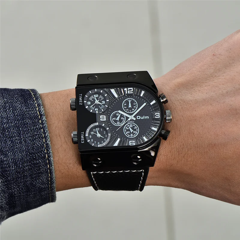  Fashion Military Mens Waches PU Leather Luxury Brand Oulm Multi-Time Zone Sport Men Quartz Watch