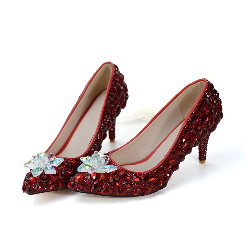 Цвет красного вина Свадебная вечеринка обувь роскошные стразы обувь для подружки невесты с подходящая Сумочка острый носок для выпускного в стиле Золушки каблуки 8 см