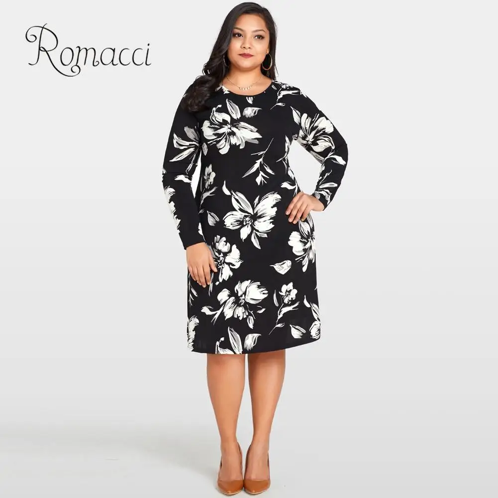 

Romacci Women Floral Print Dress O-Neck Long Sleeve Loose Flower Midi Dress Casual 4XL 5XL Plus Size Autumn Dress Black Vestido