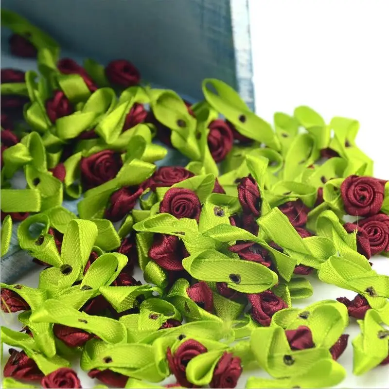 100pcs Mini Satin Ribbon Flower Silk Rose head Ribbon DIY Wedding Bow Appliques Craft Sewing Clothing Accessories  Decoration 