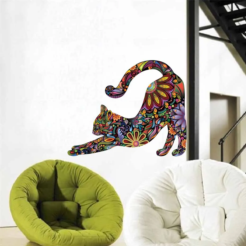 

Colorful Floral Cat Wall Sticker Walking Stretching Sitting Cat Decals For Living Room Nordic Home Deco Removable Murals