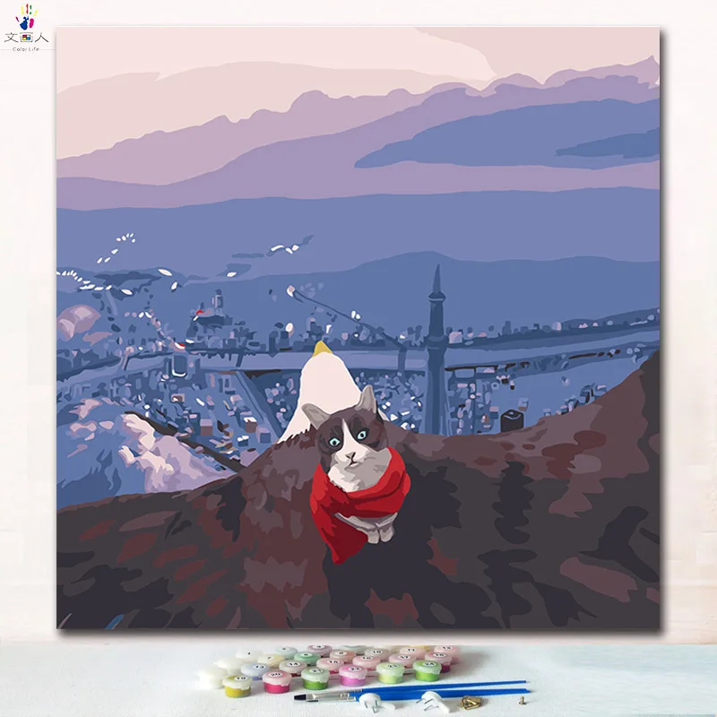

Cat with red scarf painting picture by numbers with package for digital paintings color by numbers on canvas for hoom decor