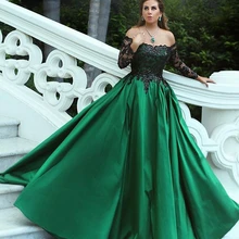 JaneVini элегантное зеленое ТРАПЕЦИЕВИДНОЕ выпускное платье больших размеров, с длинными рукавами, с черной аппликацией, с блестками, атласное платье, арабское сексуальное вечернее платье
