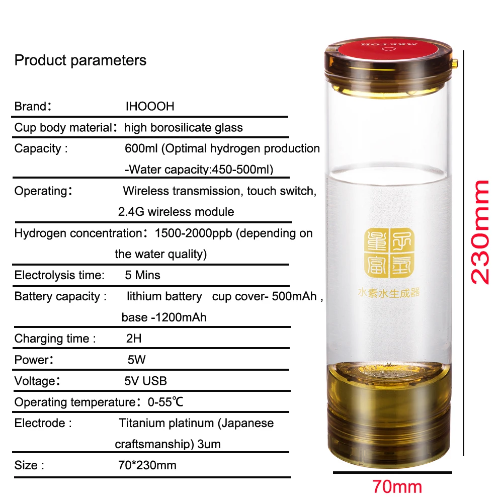  Intelligent Hydrogen Rich Water Bottles Ionizer Portable USB Rechargeable Glass Maker Ionizer Gener