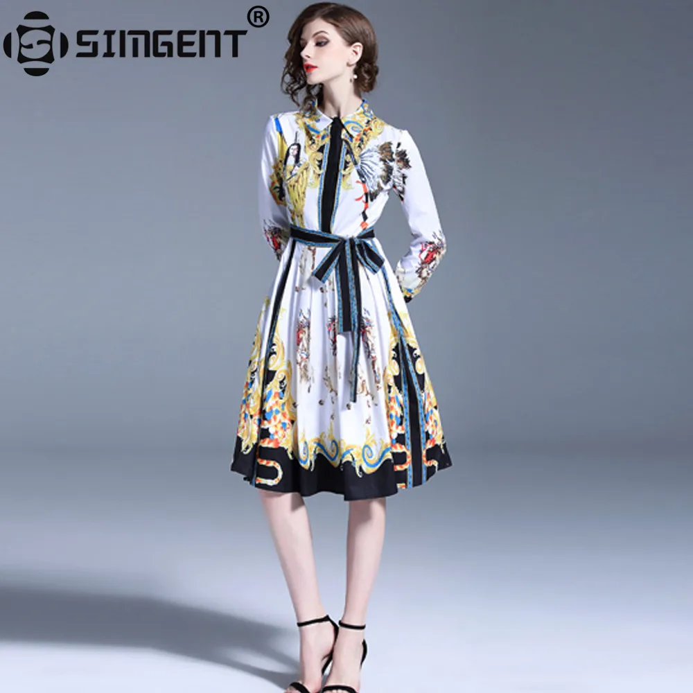 

Simgent Women Dress Summer Vintage Turn Down Collar Printing Pleated Knee Length Elegant Blouse Dresses Tunique Femme SG95291