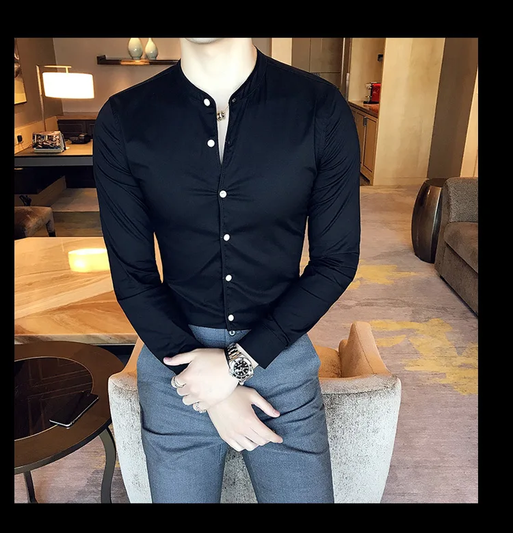 Новая мужская мода бутик хлопок сплошной цвет воротник повседневные деловые рубашки с длинными рукавами мужские тонкие высококачественные рубашки
