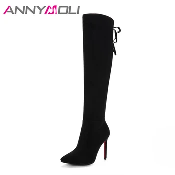 

ANNYMOLI Winter Women Thigh High Boots Sexy Thin High Heel Boots Lacing Stretch Knee High Boots Zip Plus Size 33-43 Black Red