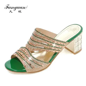 

fanyuan Big size 33-44 Square high heels shoes women sandals summer rhinestone party shoes elegant fashion ladies shoes