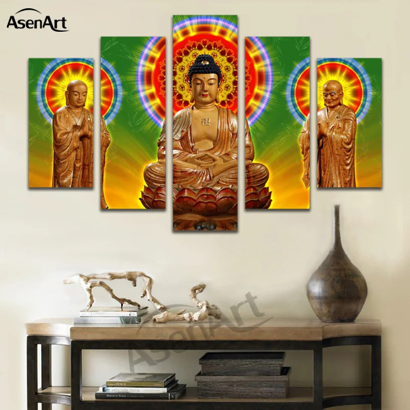 5 Panel Large Buddha Printed Oil Painting On Canvas Wall Art Modern