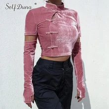 Self Duna/ осенне-зимняя женская бархатная футболка, сексуальный укороченный топ, футболки в стиле пэчворк с длинным рукавом, винтажная розовая короткая женская футболка