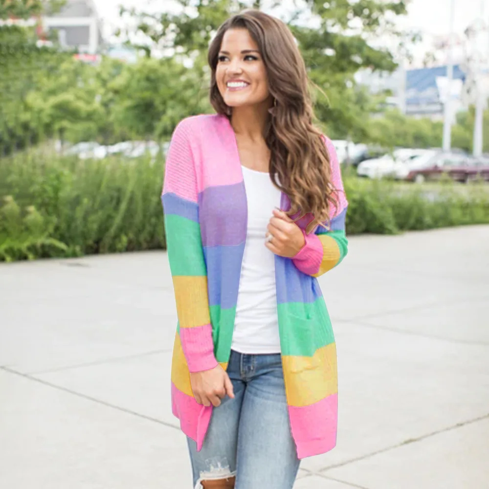 

2019 Autumn Lady's Casual Long Sleeve Knitted Sweater Plus Size Womens Patchwork Long Sleeve Rainbow Stripe Cardigan De Mujer