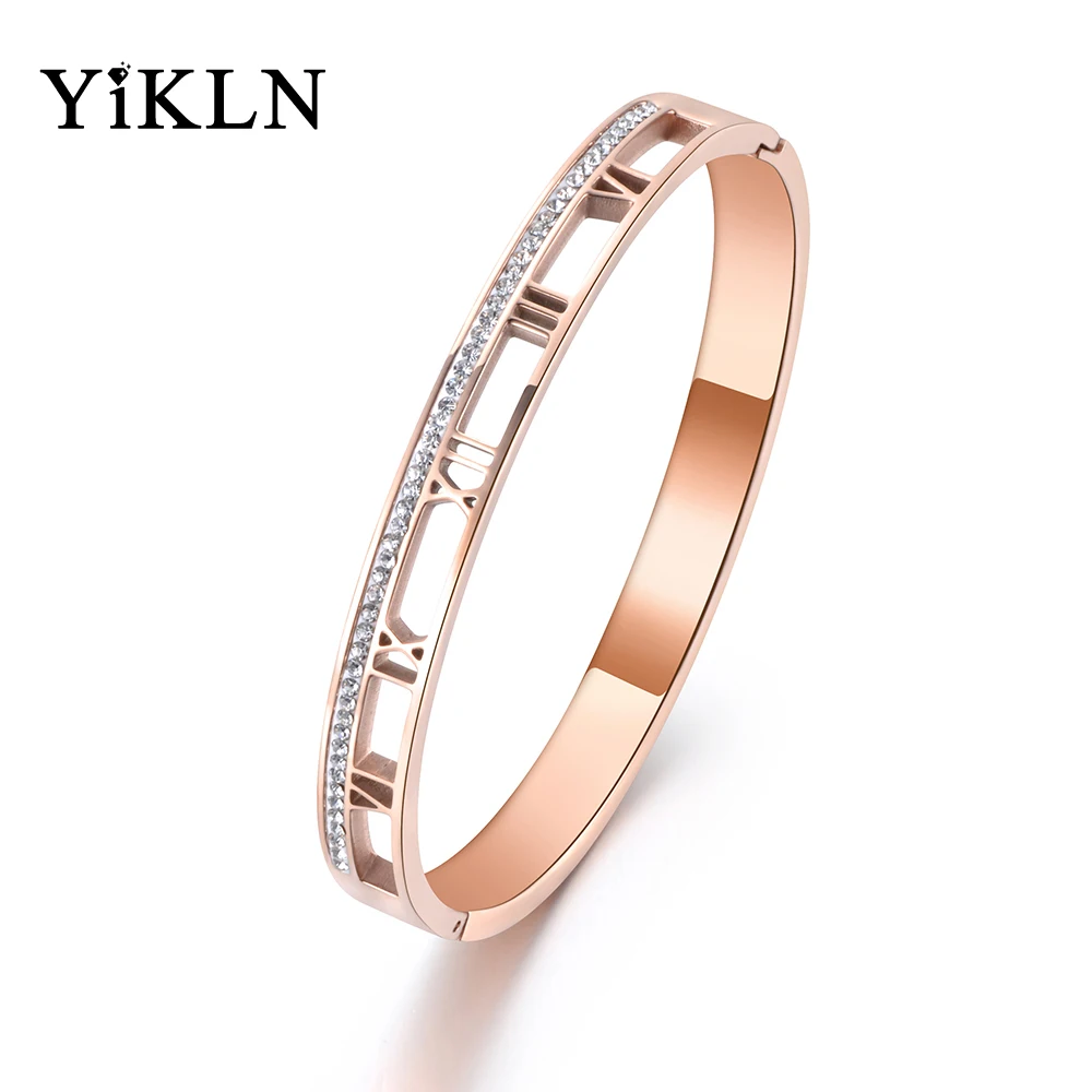 

YiKLN Classic Roman Numerals Stainless Steel Cuff Bracelet Jewelry For Women Rhinestone Bracelets Bangle Valentine Gift YB19004