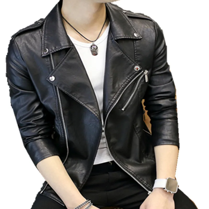 New Mens Slim Fit Lapel  Leather Jacket Short Business Motorcycle Trench Coat 