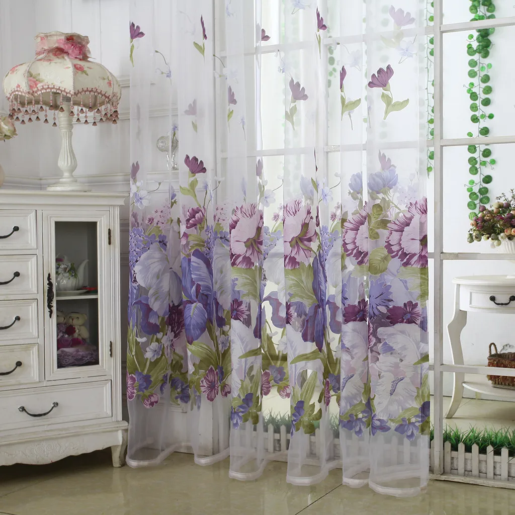 2pcs Peony Flower Print Curtain Tulle Window Treatment Drape Valance Simple Curtain Wear Rod Model 100x200cm L703