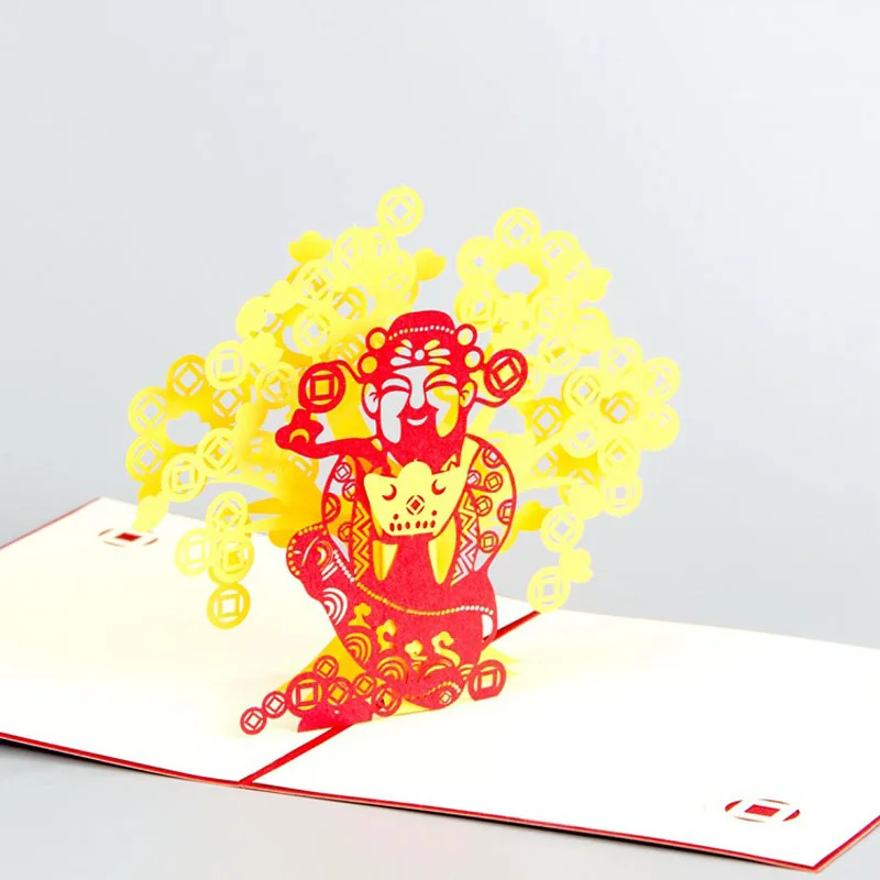  3D Laser Cut Handmade Chinese God of Wealth Paper Invitation Greeting Cards PostCard Festival Bless - 32795147038