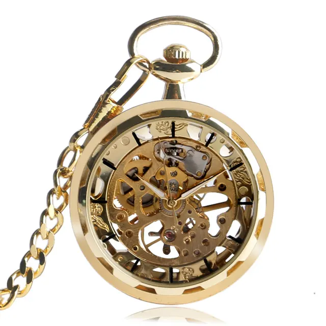 Luxury Gold Transparent Skeleton Hand Wind Mechanical Pocket Watch With 30 cm Ch Luxury Gold Transparent Skeleton Hand Wind Mechanical Pocket Watch With 30 cm Ch