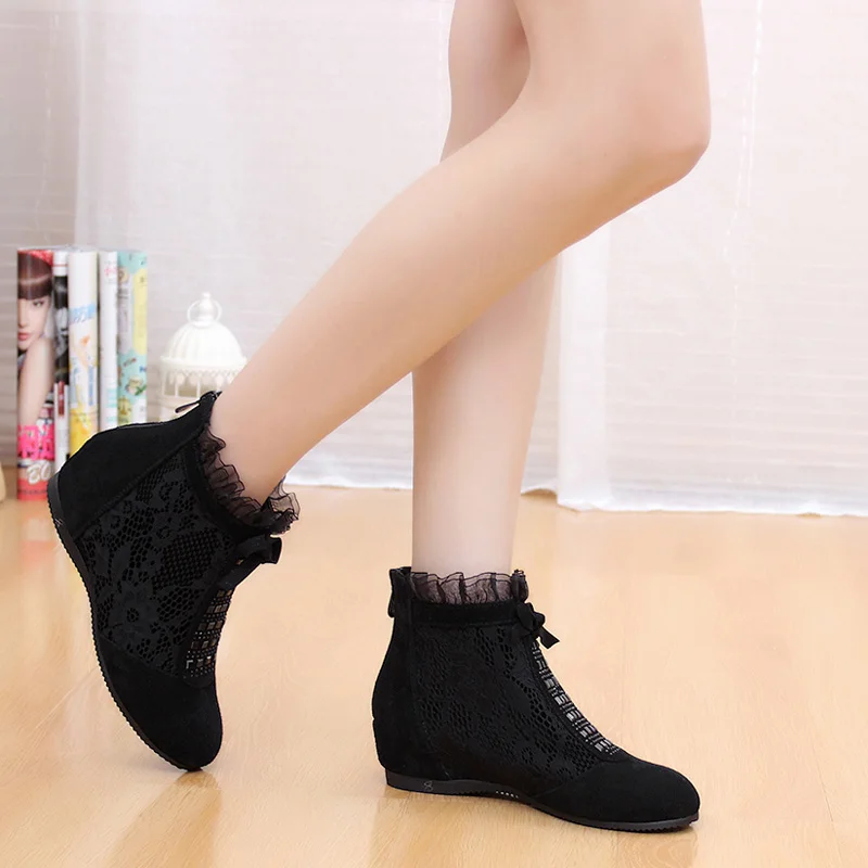 

Spring Summer Leather Ankle Women's Mesh Boots Inside Increased Matte Hollow Single Soft Bottom Low Heel Boots