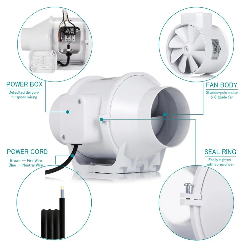 4'' Silent Home Inline Duct Fan 100mm Exhaust Fan 220V Blower Booster Ventilator Ventilation System Turbo Toilet Air Extractor
