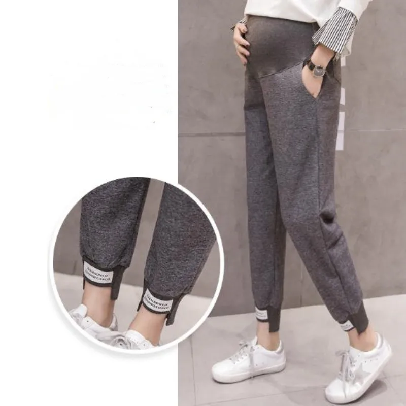 

Spring new pregnancy sports pants loose stomach lift knit maternity pants personality patchwork pregnant women casual pants