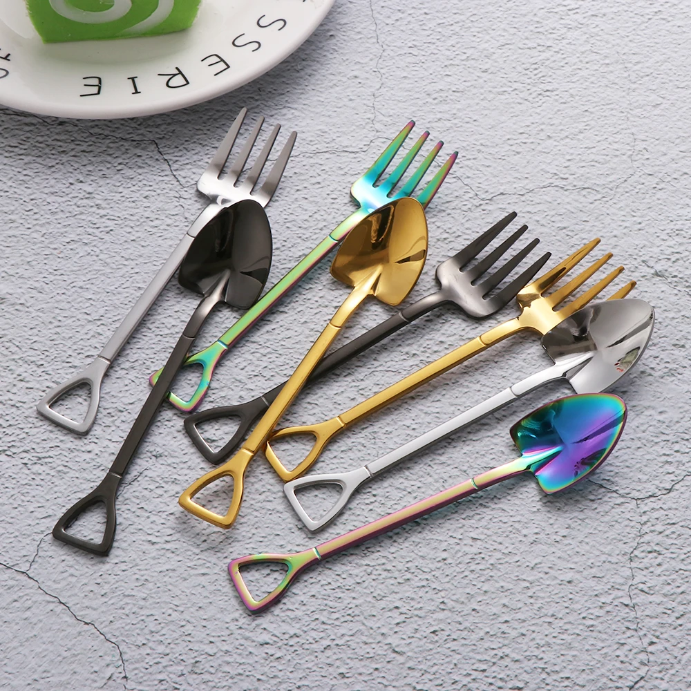 

1PC New Durable Stainless Steel Shovel Shape Multi-color Spoon Fork Long Handle Coffee Ice Cream Tools for Kitchen Accessories