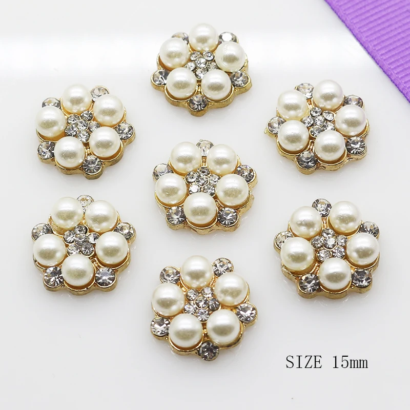 

ZMASEY New 15MM 10Pcs/Lot Round Flatback Pearl Button Alloy Accessories For greeting card DIY Handwork Ribbon Decoration