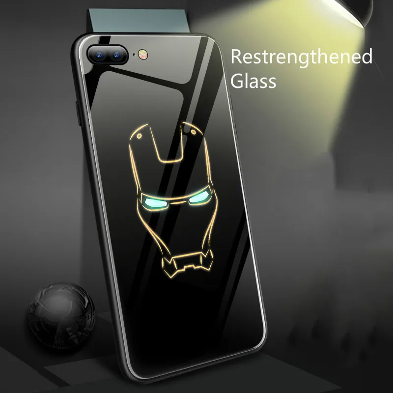 Coque Marvel Avengers Batman Captain America Iron Man Superman Luminous Glass Case For iphone X 7 8 6 6s Plus 5s SE XS Max Case