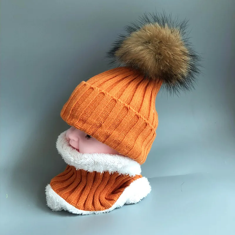 Kids Boys Girls hats Warm Fleece Liner Beanie Hats set With Scarf Fur Winter Hat For Children Baby Skullies Beanies