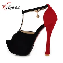 2015 neue abdeckung heels Pumps sommer marke mischfarbe t-strap damen schuhe dünne high heels frau sandalen peep toe heißer verkauf pumpen