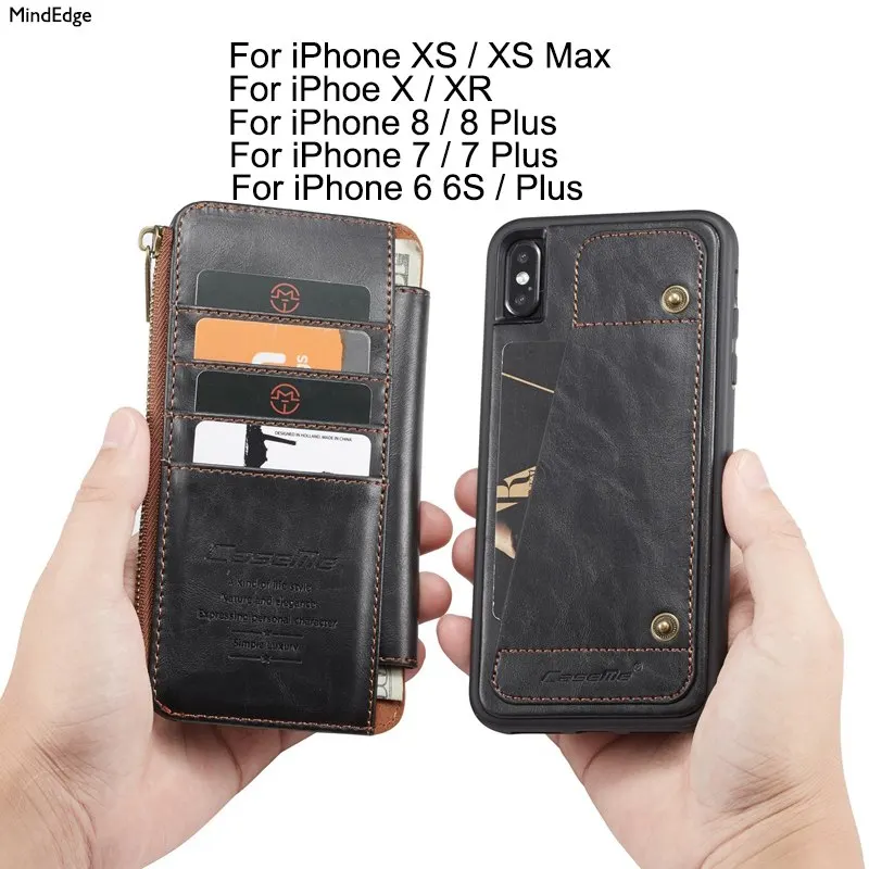 Съемный чехол кошелек на молнии с карманом для iPhone X XR XS Max кожаный роскошный фирменный защитный 6 S 7 8